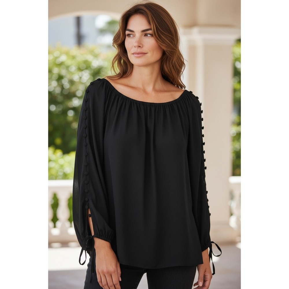 Zac & Rachel Black Chiffon Split Sleeve Button Detail Blouse XL FT81LMWK9 NEW